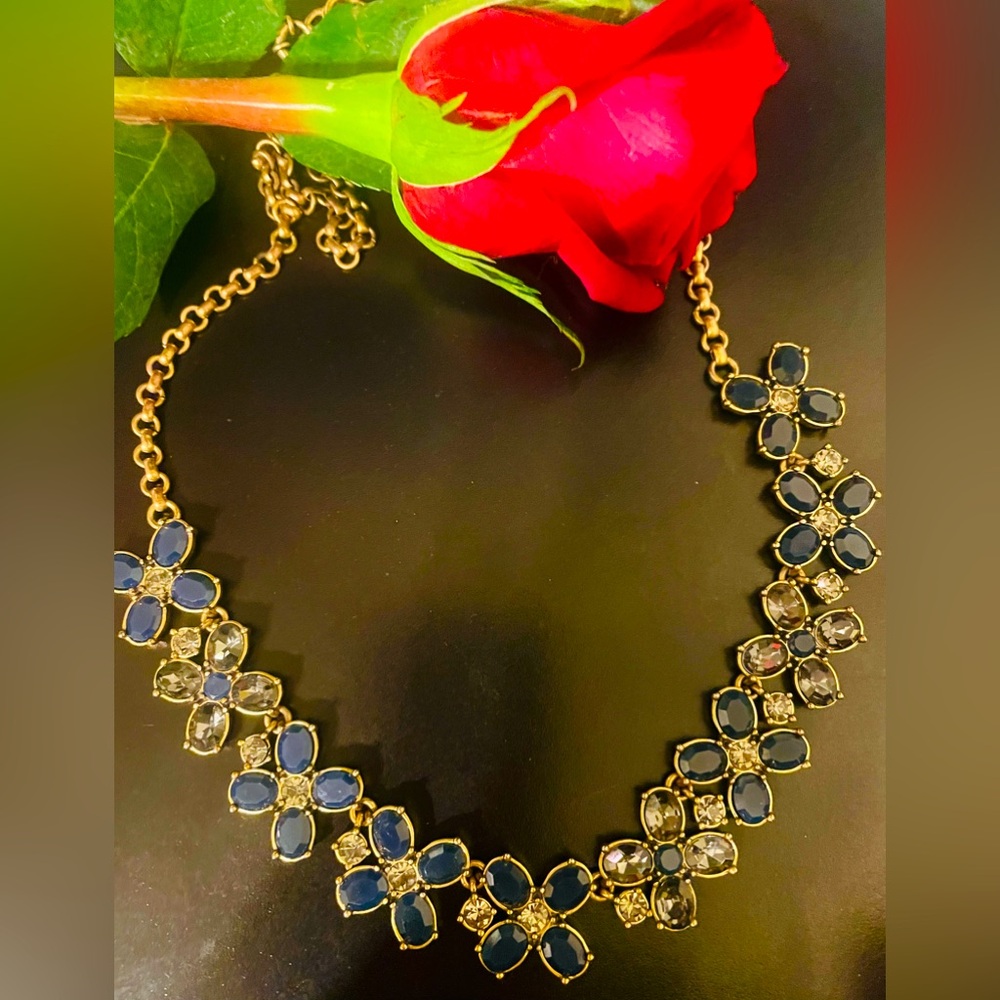 J Crew Dark Blue and Crystal Gold Statement Necklace - Picture 3 of 9